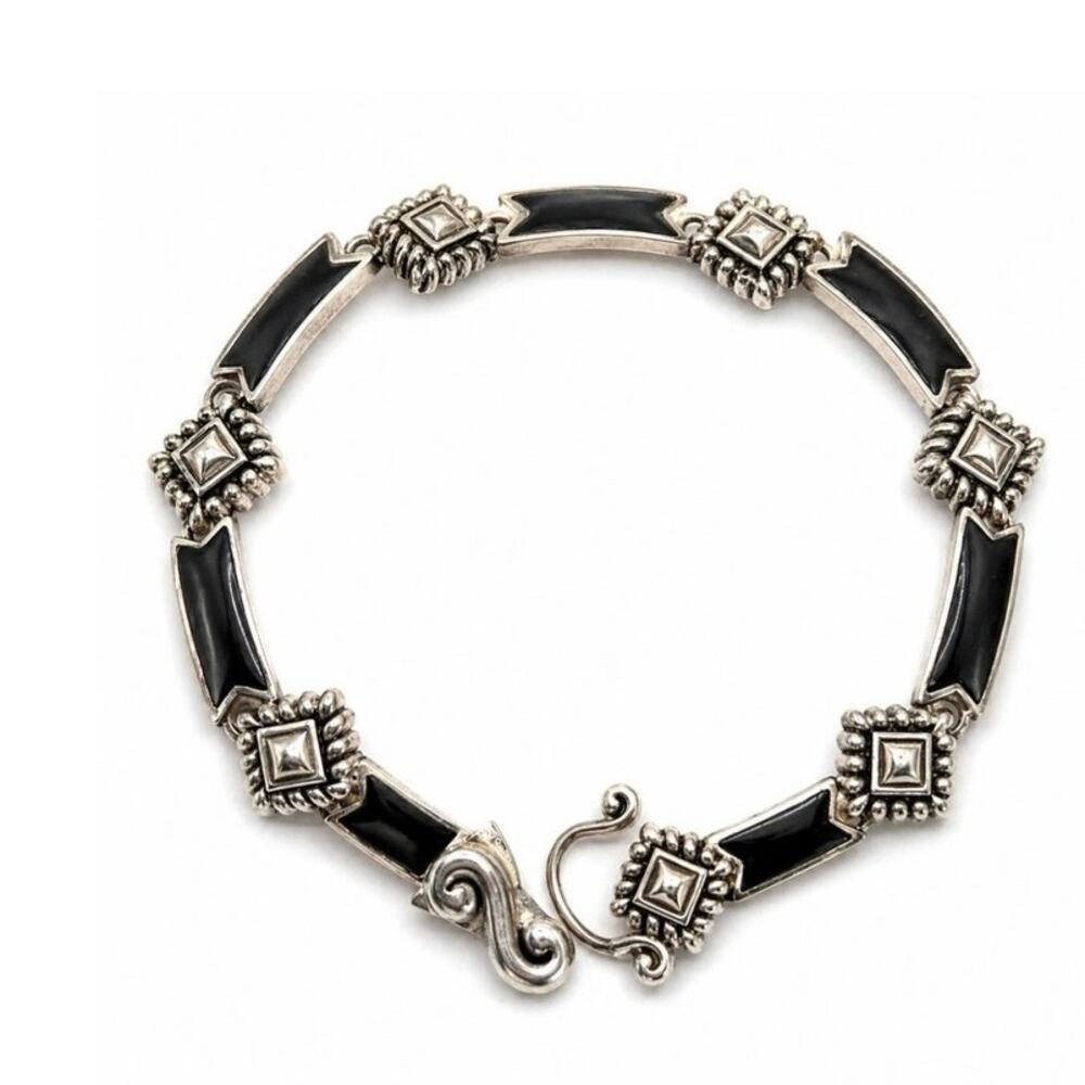 Sterling Silver Black Onyx Link Bracelet Rope Diamond Shape Western Boho